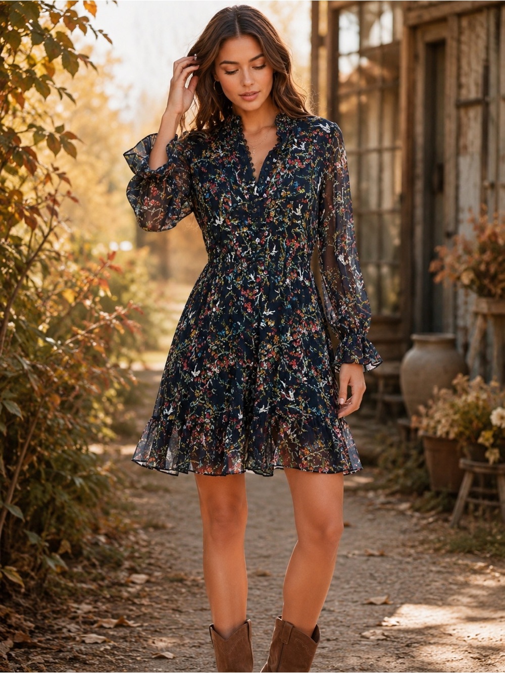 The Kooples Navy Bird Floral Silk Chiffon Ruffle Mini Dress Size Medium NWT